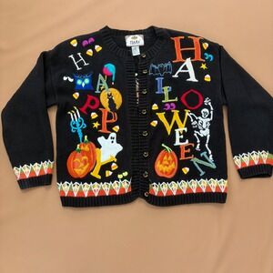 Tiara International Halloween Black Sweater Women's L Skeleton Pumpkins Owl Moon